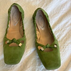 Tod’s Gommino Suede Ballerina Flats Green Square Toe Cut-Out EU 41.5,US 10.5–11